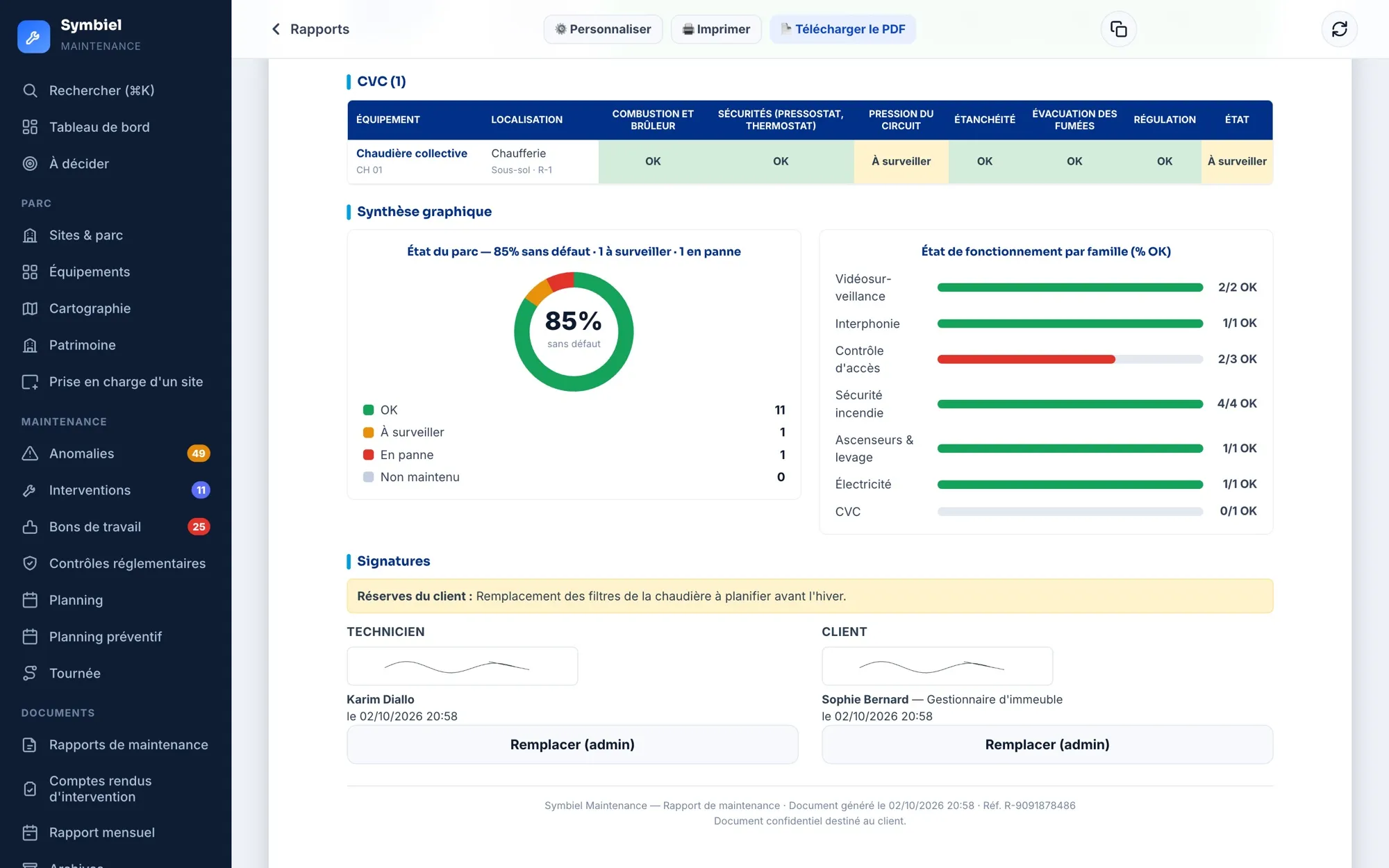 Fin d’un rapport : état du parc visité, fonctionnement par famille, réserves du client, puis signatures du technicien et du client avec leur date et leur heure.