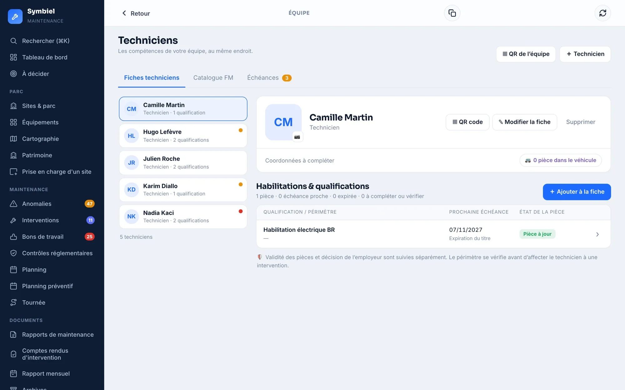 Fiches techniciens : pour chacun, ses habilitations et qualifications, la prochaine échéance et l’état de la pièce ; onglets Catalogue FM et Échéances.