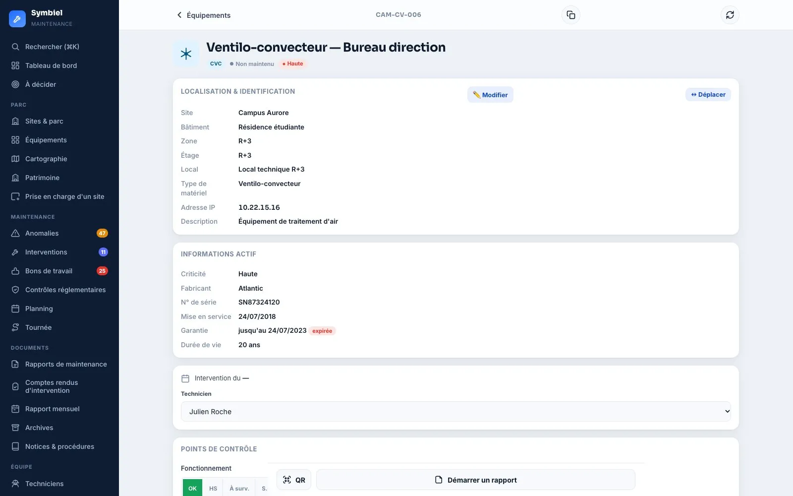 Fiche d’un ventilo-convecteur : localisation jusqu’au local, type de matériel, fabricant, numéro de série, mise en service, garantie, durée de vie et points de contrôle.