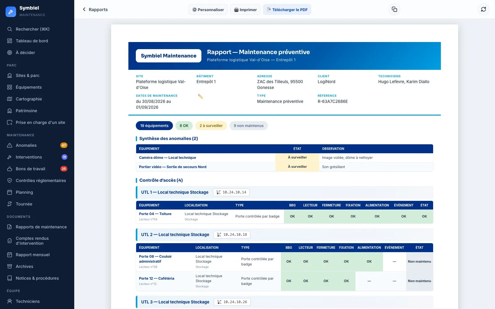 Rapport de maintenance préventive : en-tête du site et du client, synthèse des anomalies, puis le détail des points contrôlés par type de matériel.
