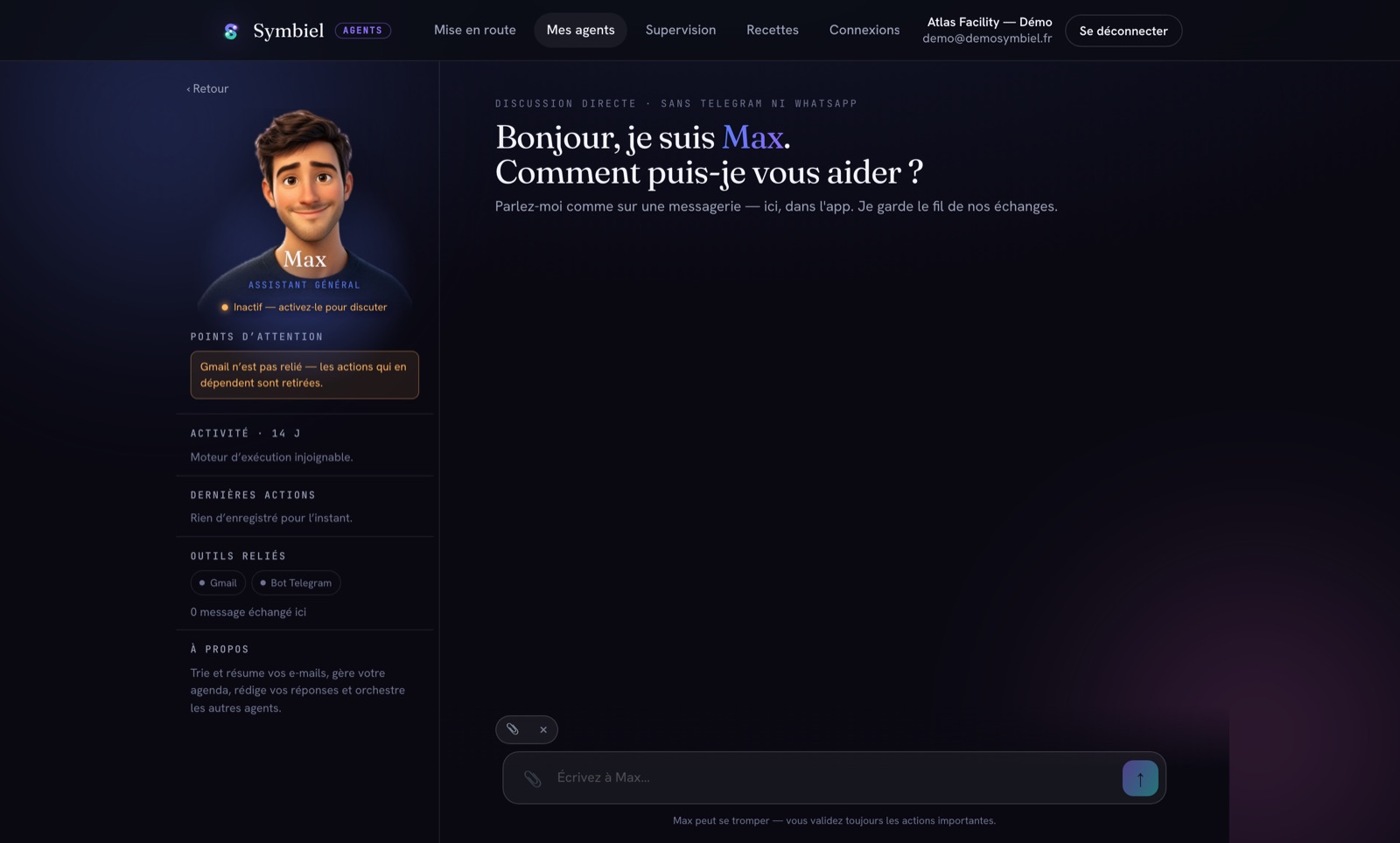 Écran de discussion avec l'agent Max
