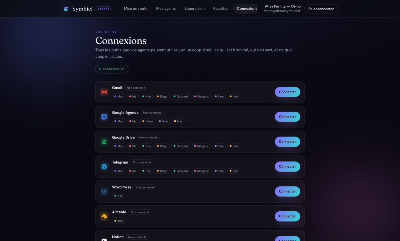 Écran « Connexions » des outils