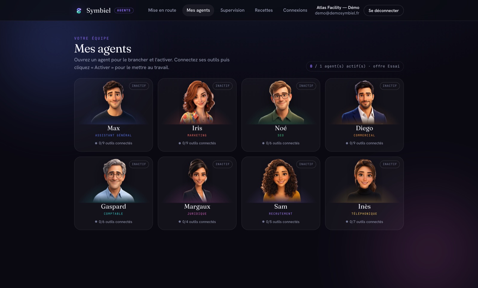Écran « Mes agents » de l'application Symbiel