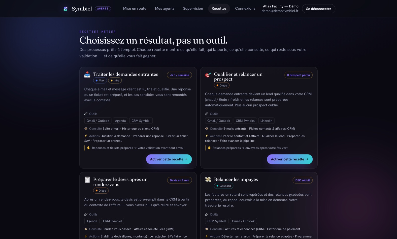 Écran « Recettes métier » : des processus prêts à l'emploi