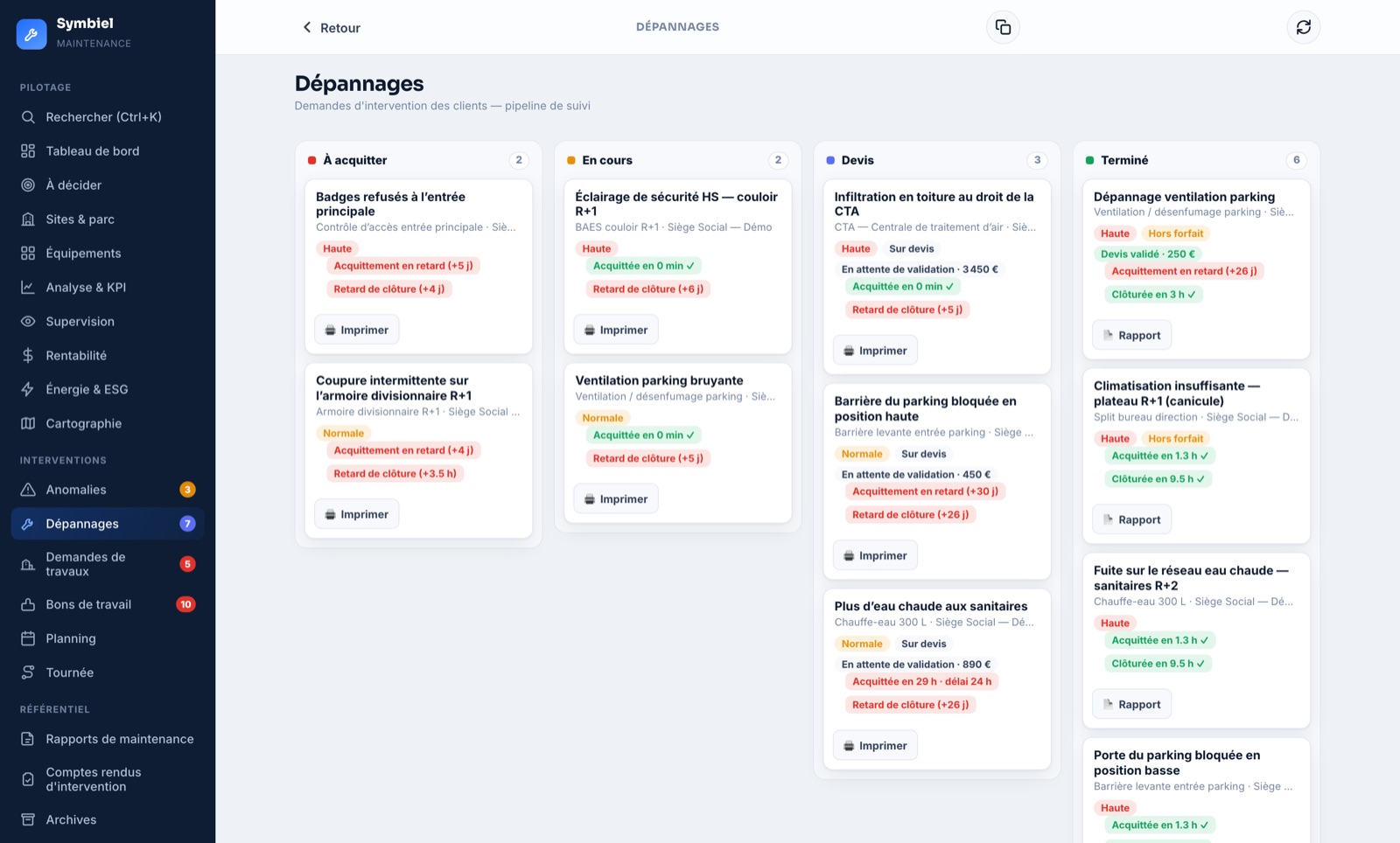 Dépannages en tableau kanban